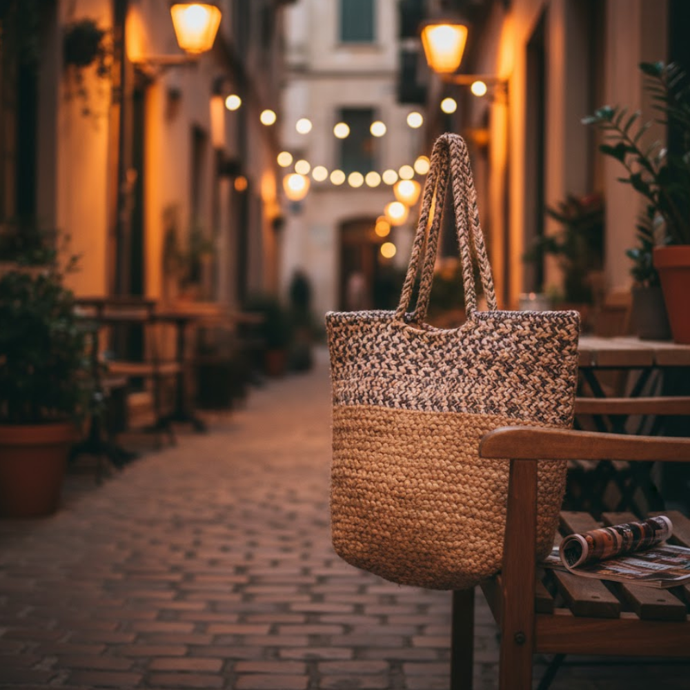 Jute cotton tote bag worn on shoulder