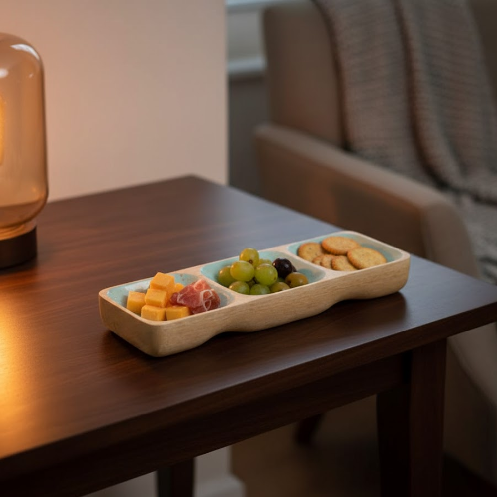 Mint serving platter styled with food