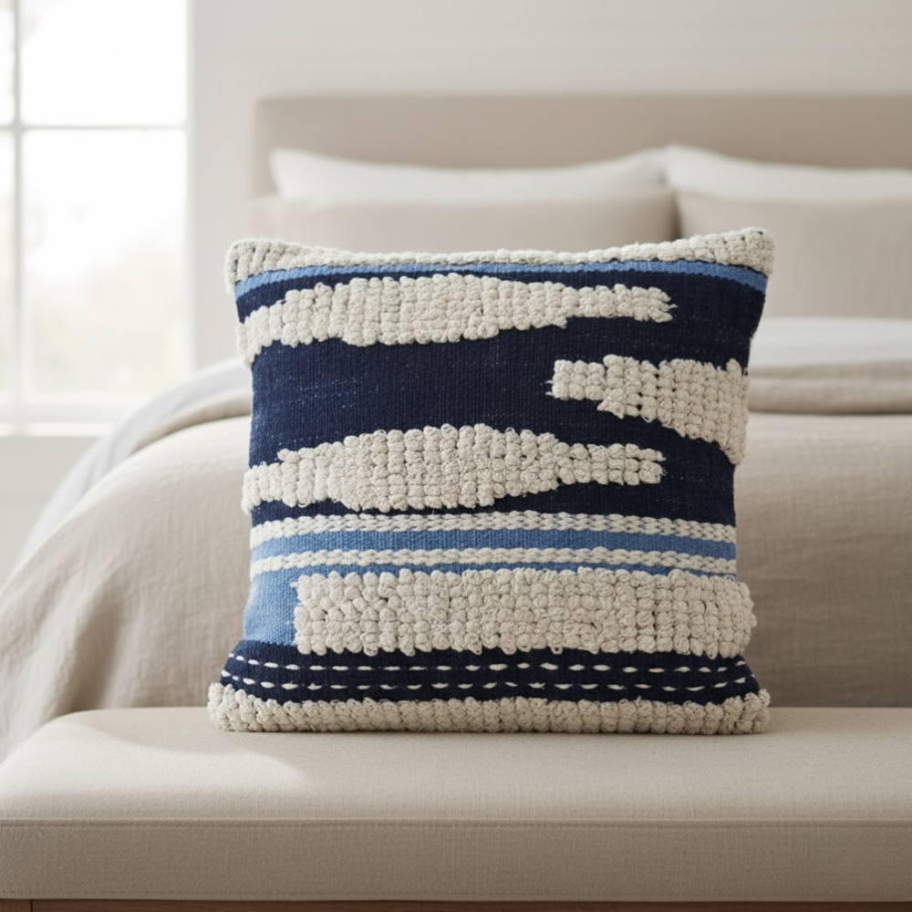 Aqua tufted cushion cover at an angle