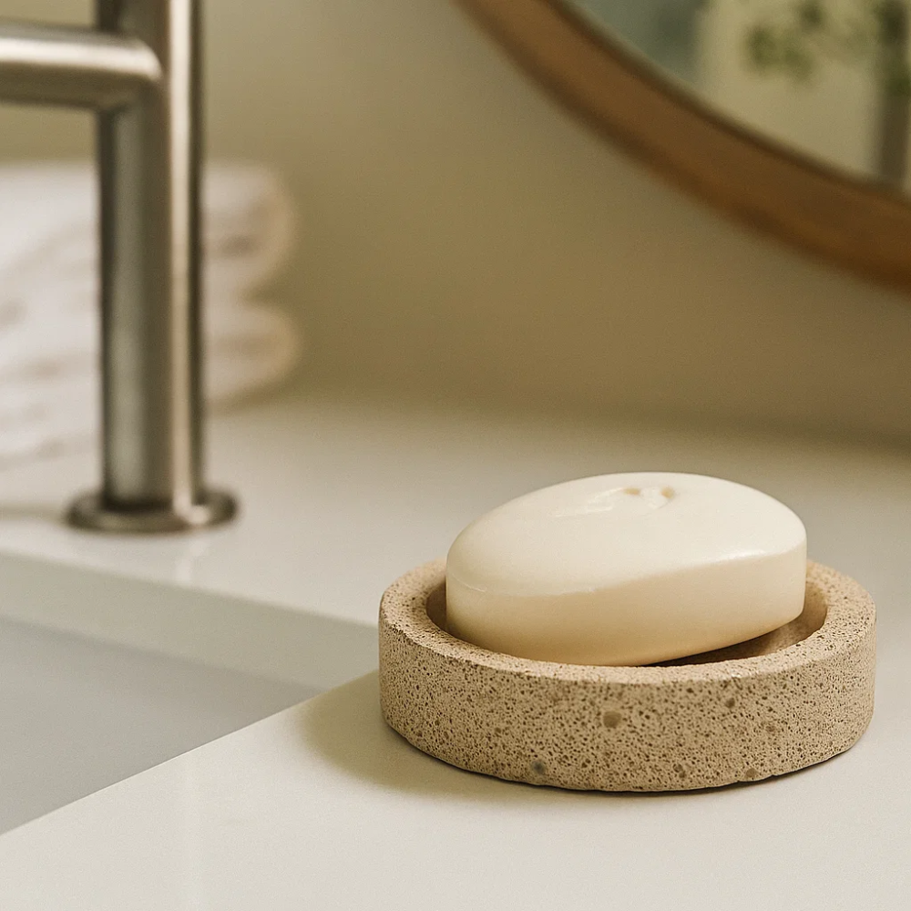Eco-friendly concrete soap dish with soap bar on top