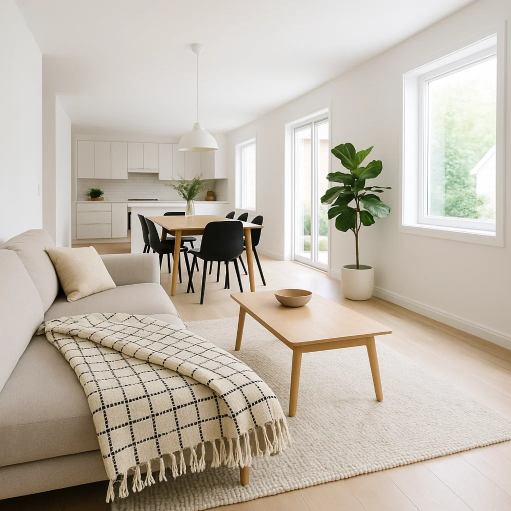 Checkered throw blanket on a sofa