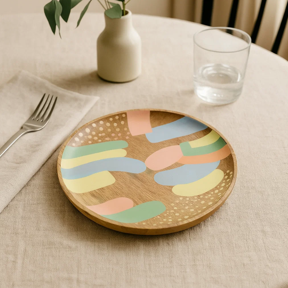 Abstract wood plate close-up of carving