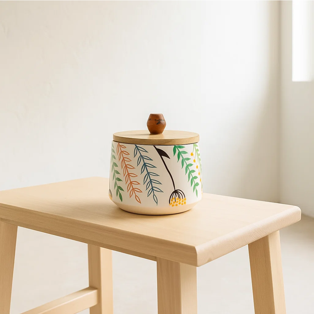 Enamel mango wood canister lid art close-up