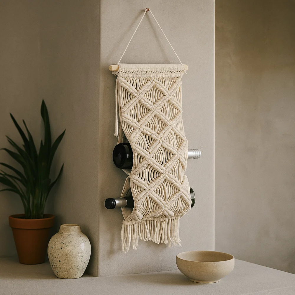 Macrame wine rack with bottle