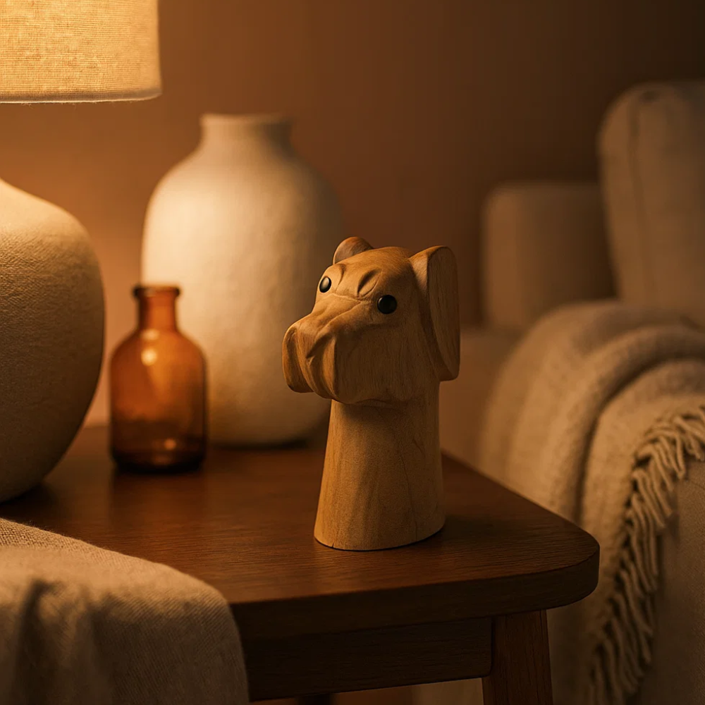 Wooden dog figurine wood grain detail