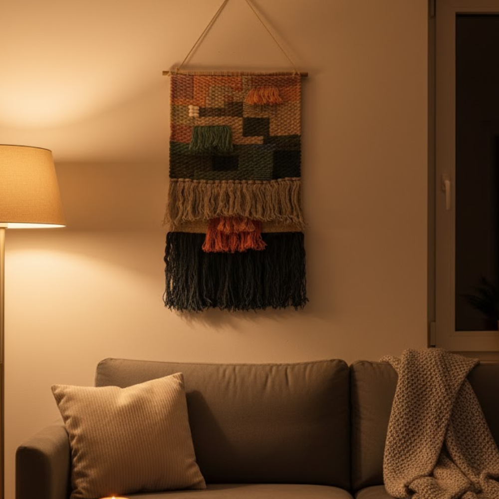 Earthy diamond wool wall hanging in a warm rustic room