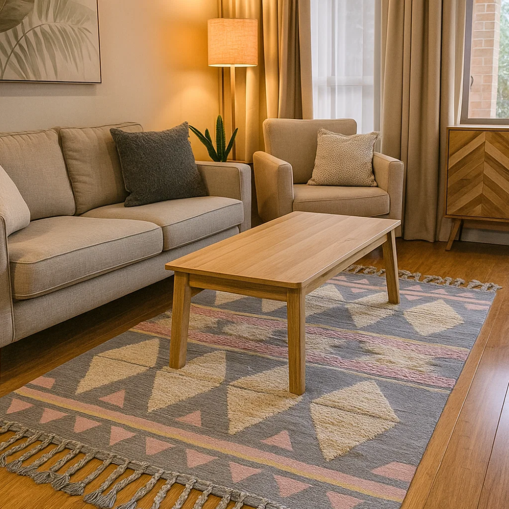 Angled view of the handwoven fringe rug