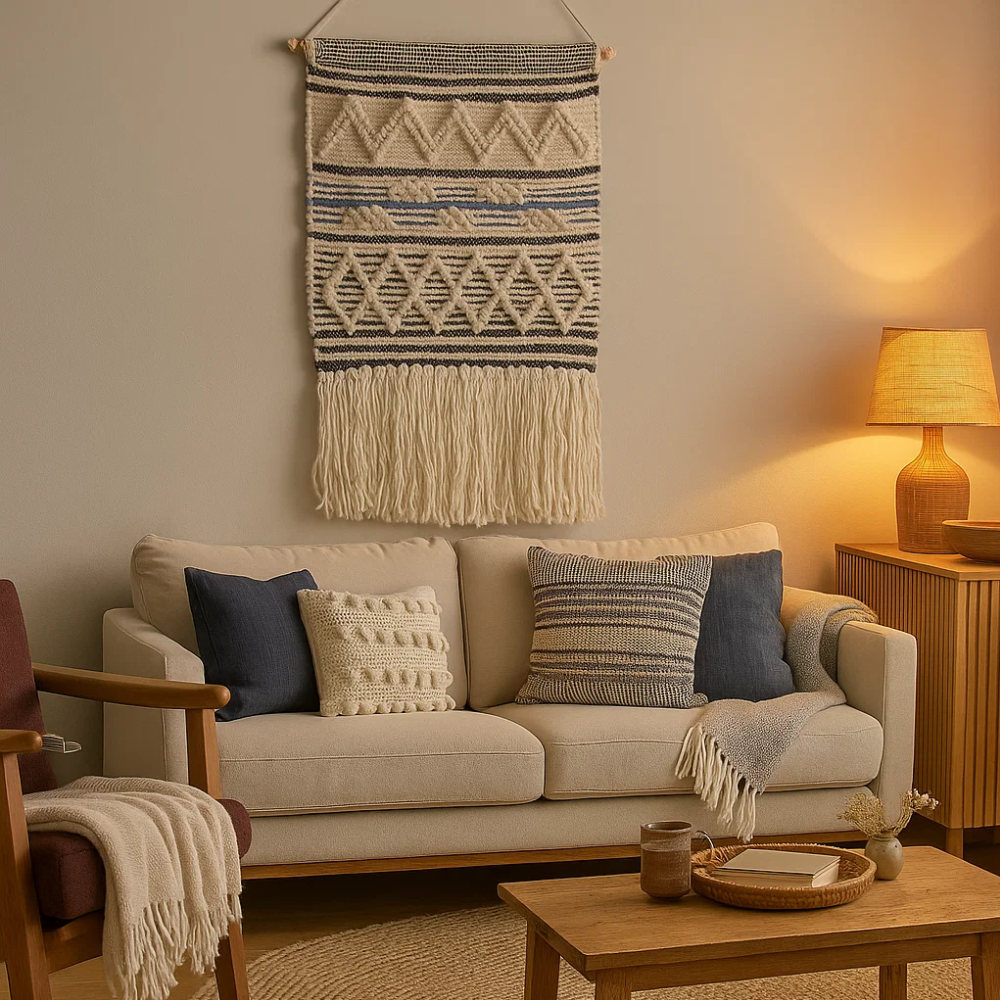 Geometric wool and cotton wall hanging detail of fringe
