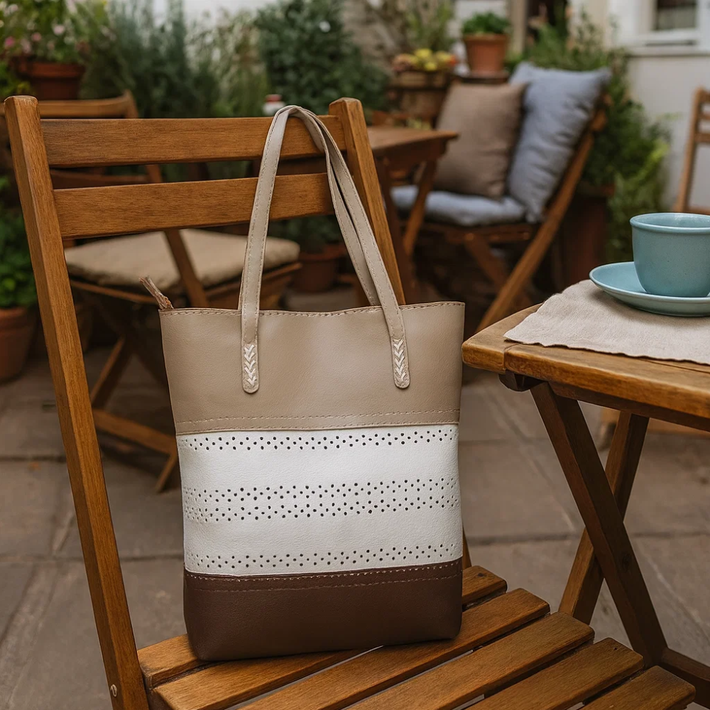 Leather tote bag worn on shoulder