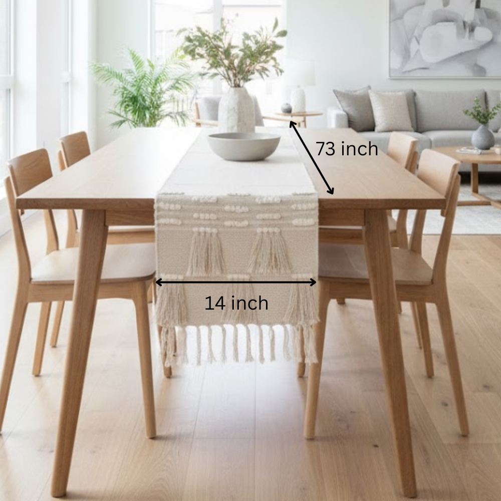 Beige cotton table runner styled on a dining table