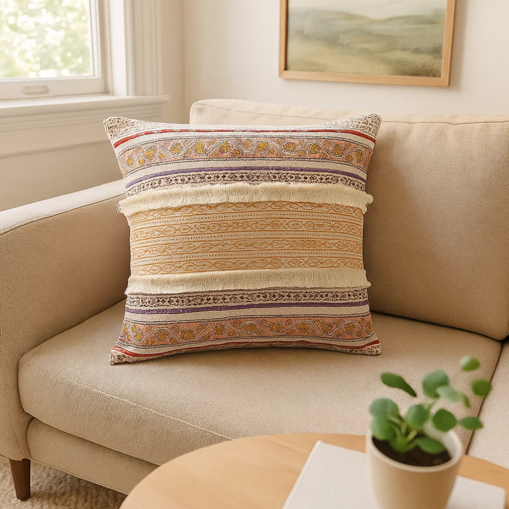 Block printed striped cushion cover styled on a sofa