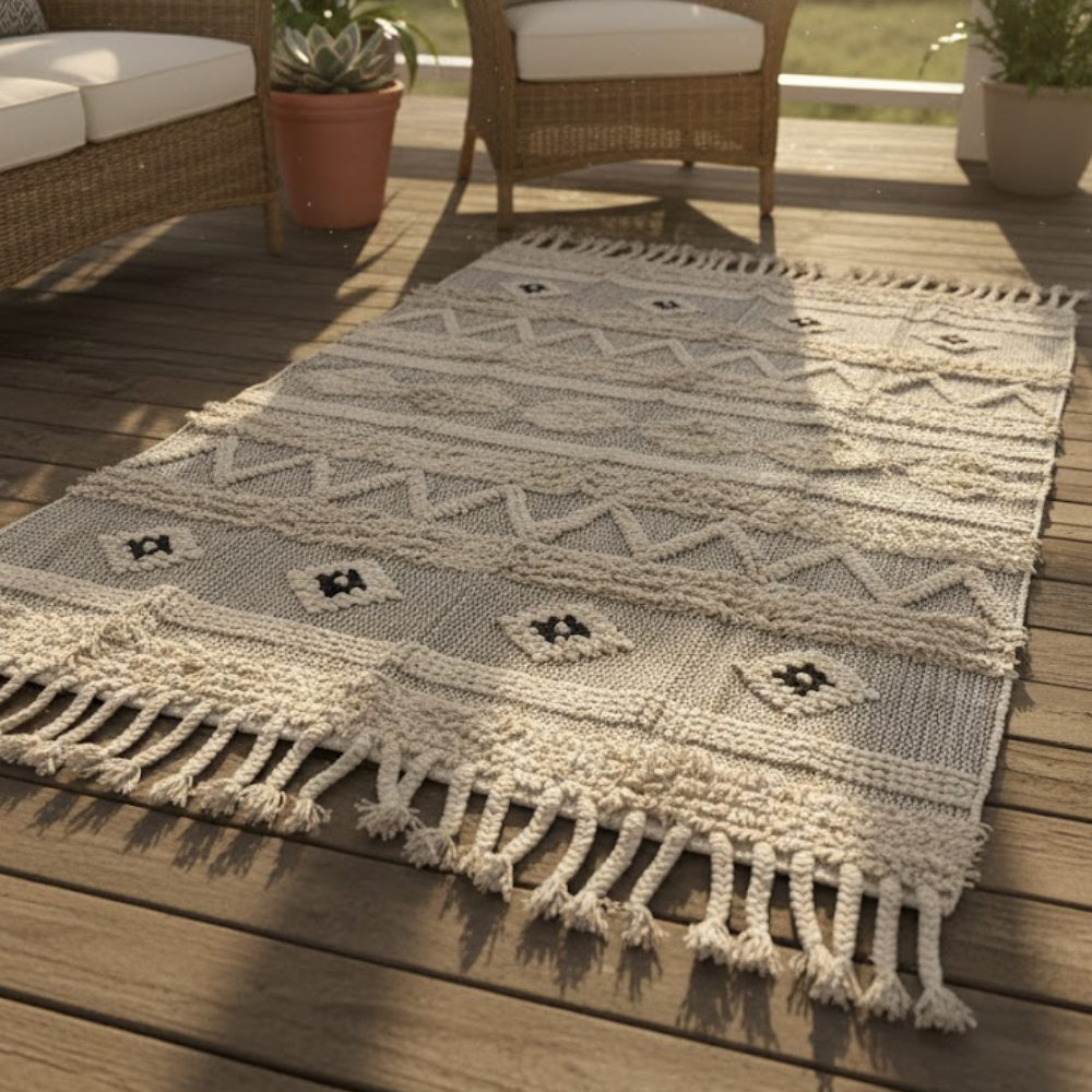 Textured panelled rug styled on a floor