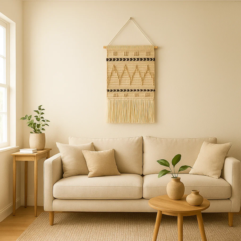 Sandy chevron wall hanging styled in a coastal room
