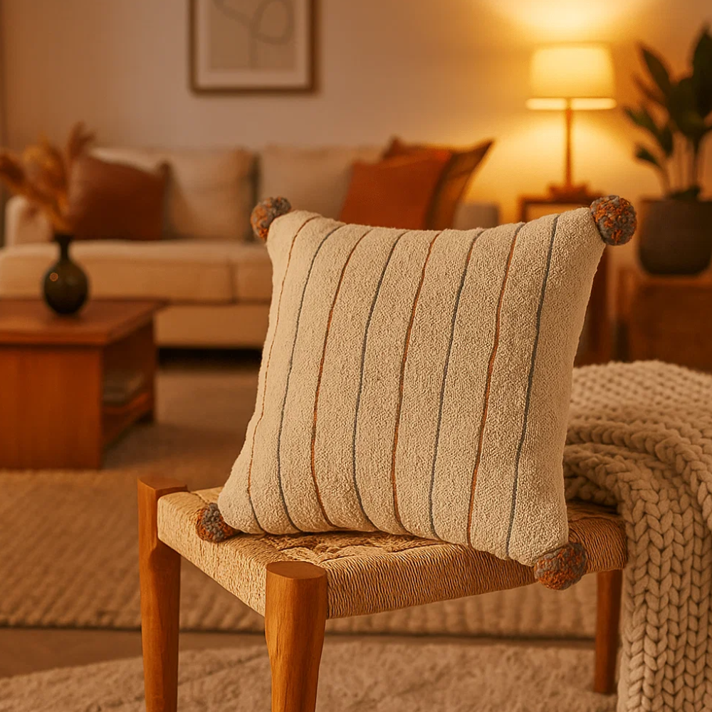 Pom pom cushion cover styled on a sofa