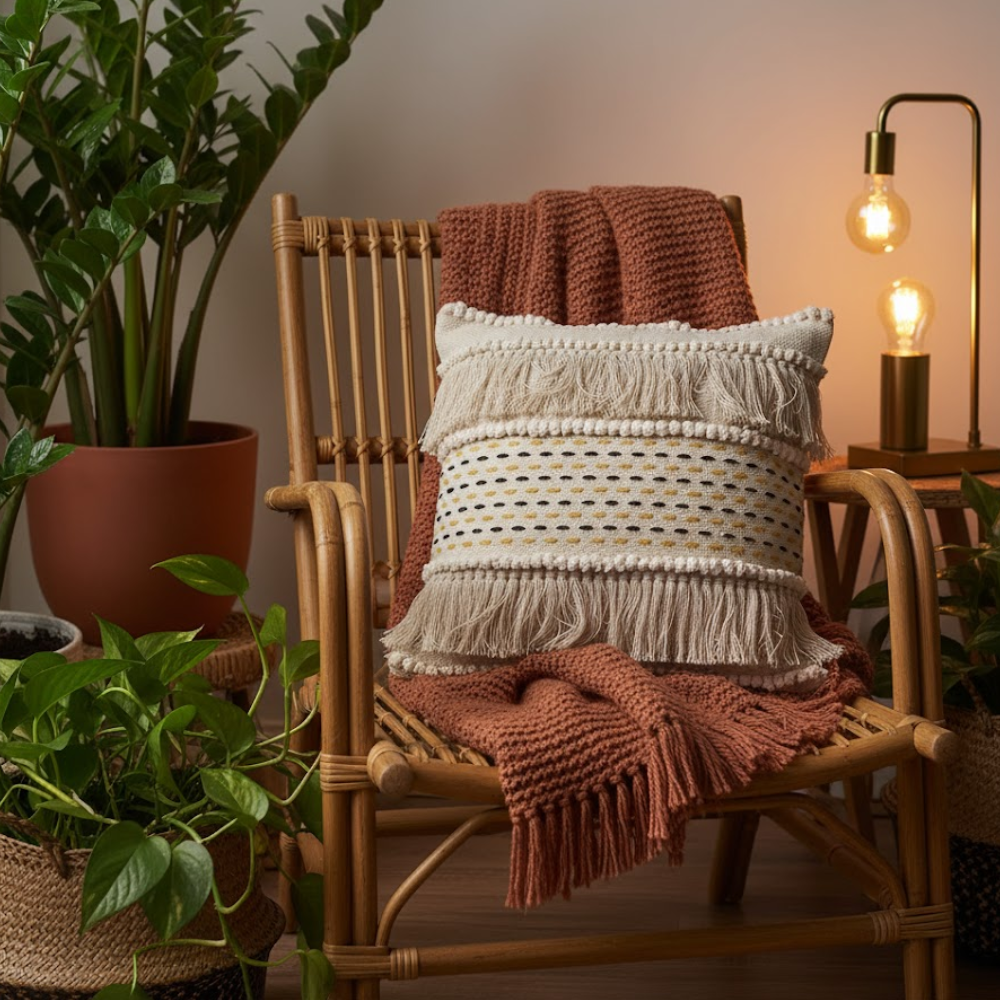 White fringed cushion cover styled on a sofa