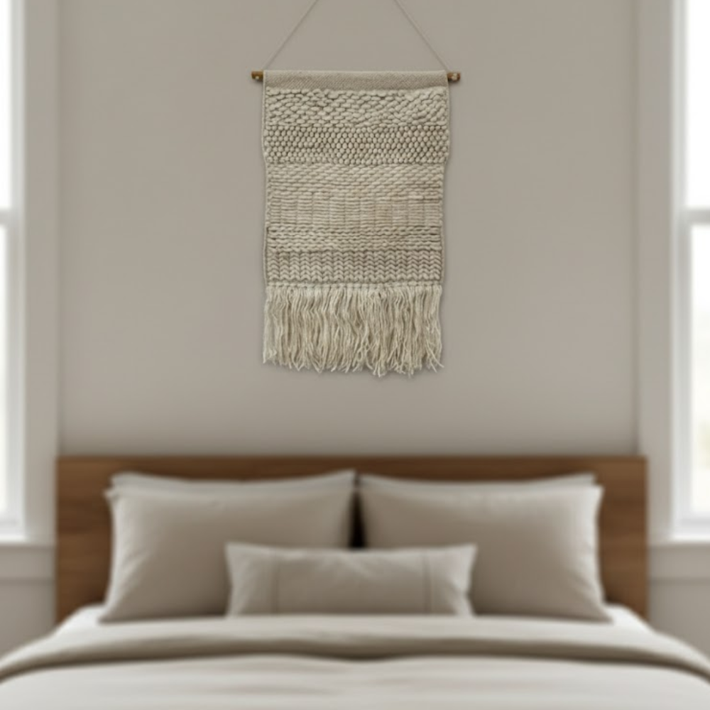 Boho wool fringe wall hanging front view of natural wool