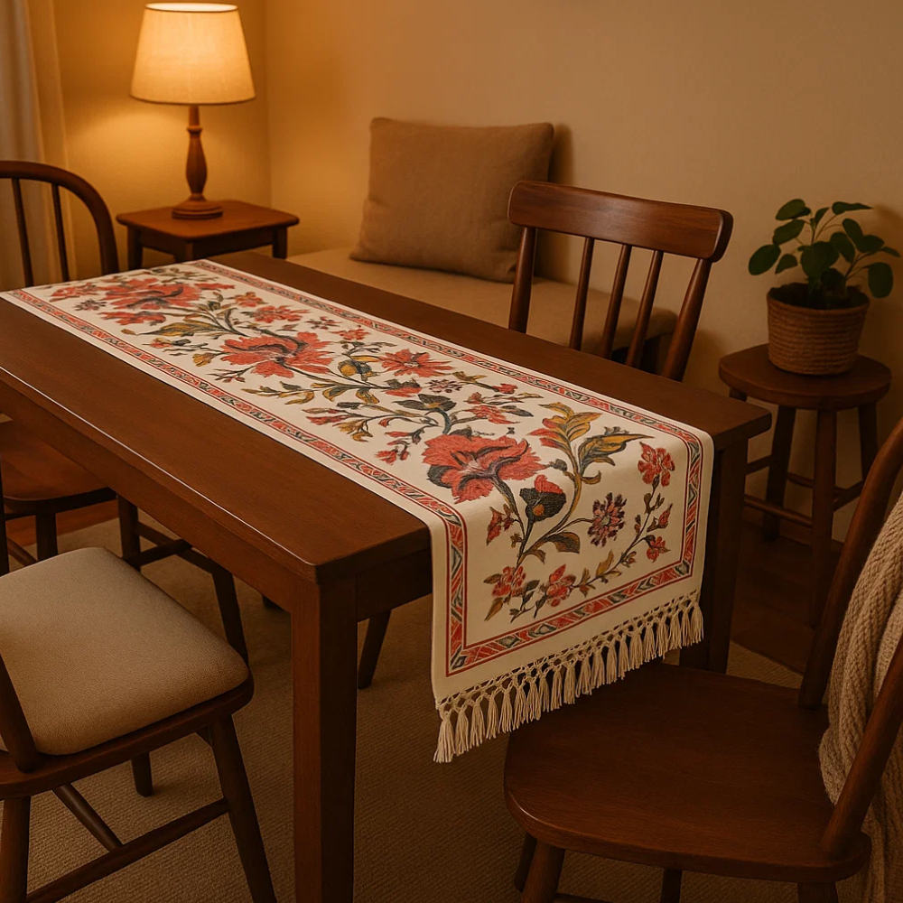Floral cotton table runner styled on a dining table