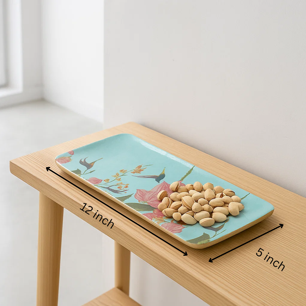 Floral wooden tray at an angle