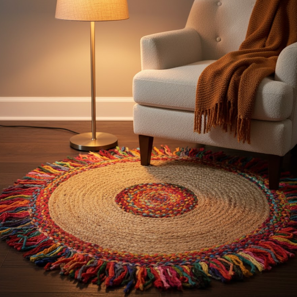 Hand-braided rug styled on a timber floor