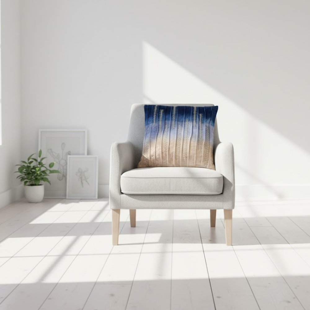 Embroidered velvet cushion cover at an angle