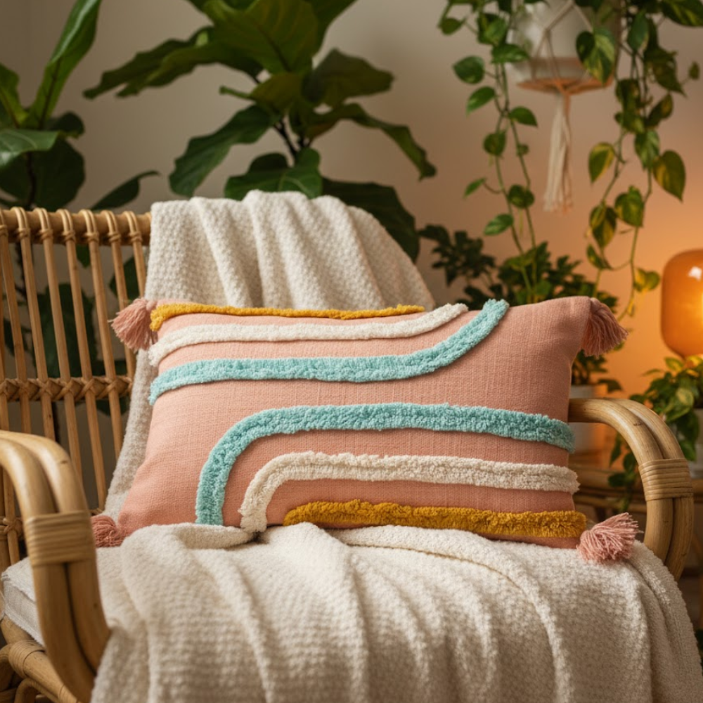 Pink woven cushion cover styled on a sofa