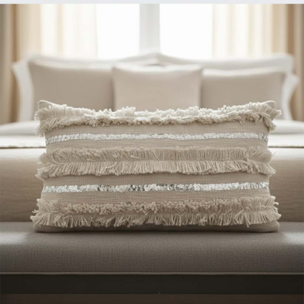 Sequin fringe cushion on sofa
