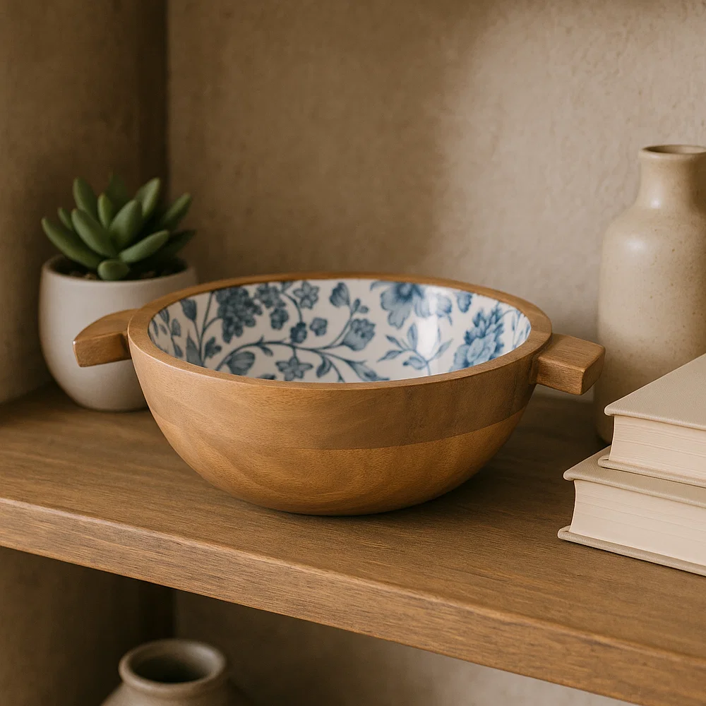 Wooden salad bowl server at an angle