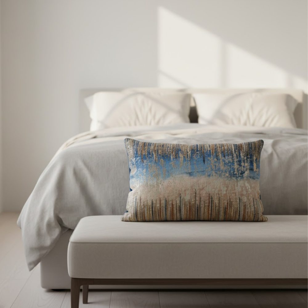 Ombre velvet lumbar cushion on sofa