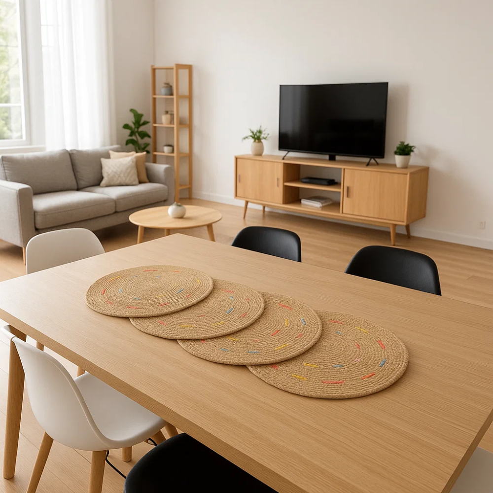 Jute placemats styled on a large table