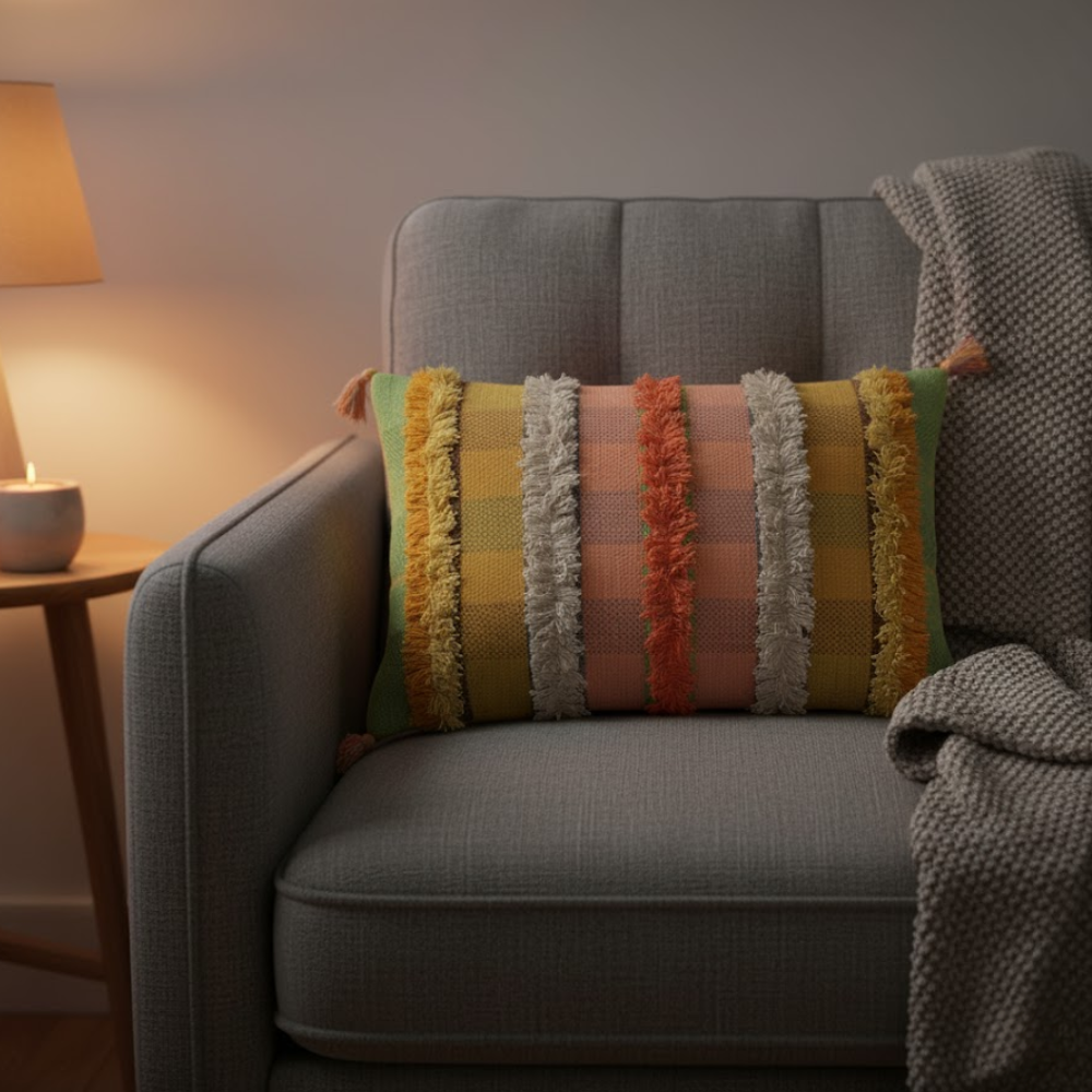 Tufted striped cushion cover detail of corner tassels
