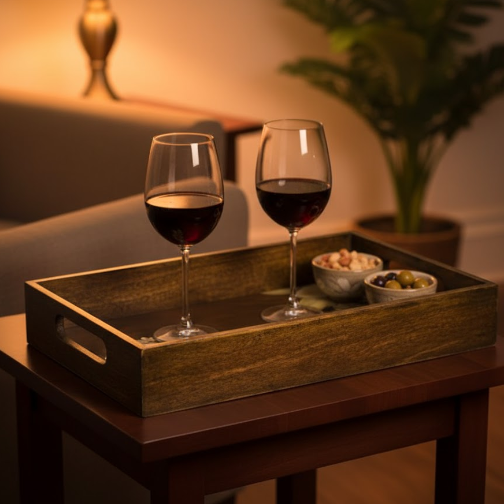 Frangipani wooden tray styled with items