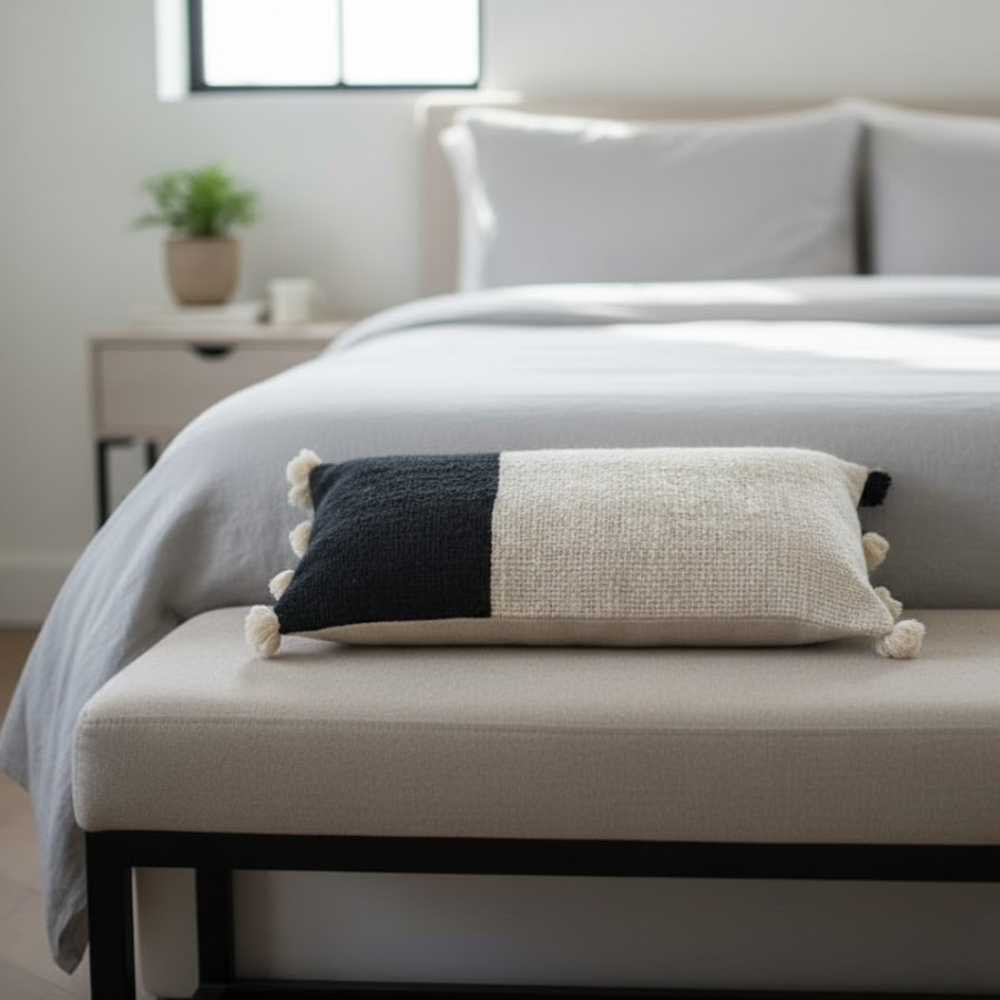 Colourblock lumbar cushion cover styled on a sofa