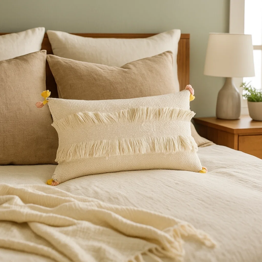 Fringed lumbar cushion cover cotton weave detail