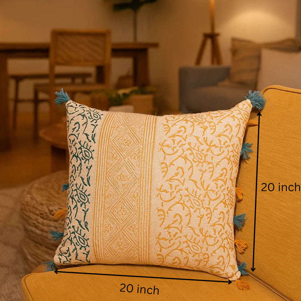 Block printed tassel cushion cover styled on a sofa
