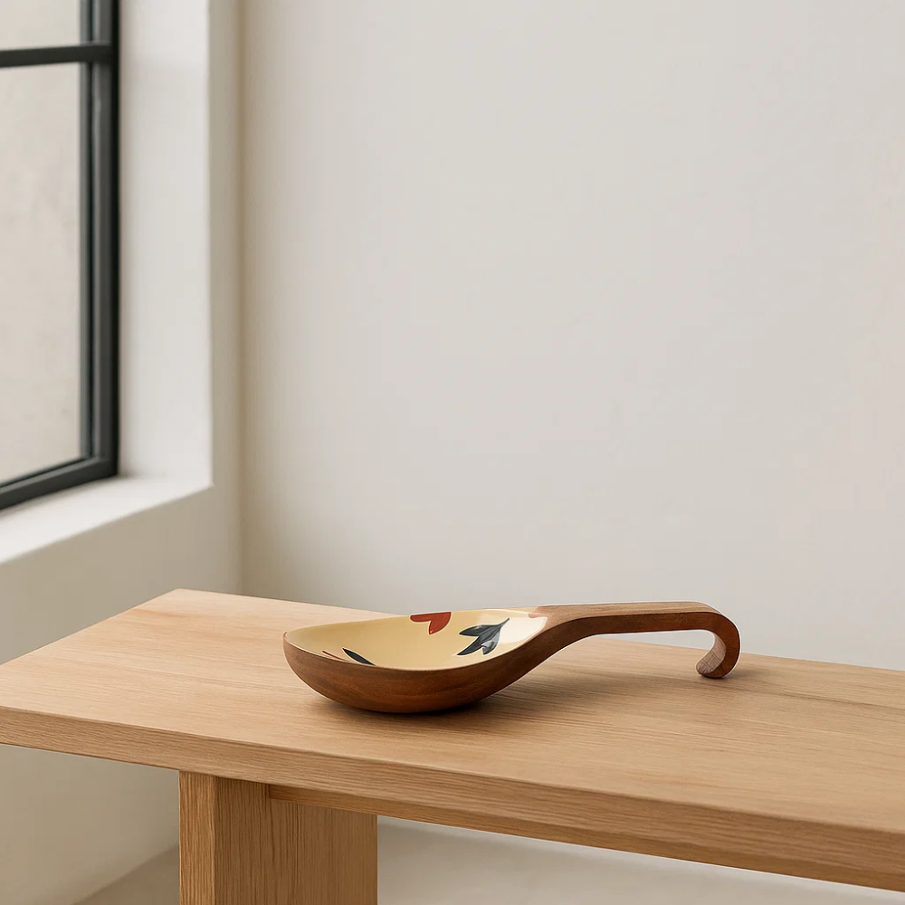 Enamelled wood platter styled with food