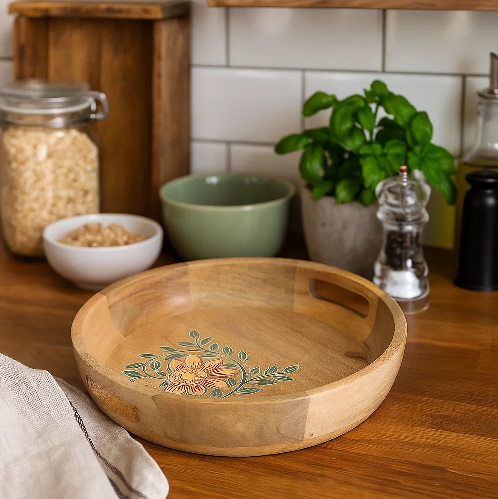 Round mango wood tray styled with items