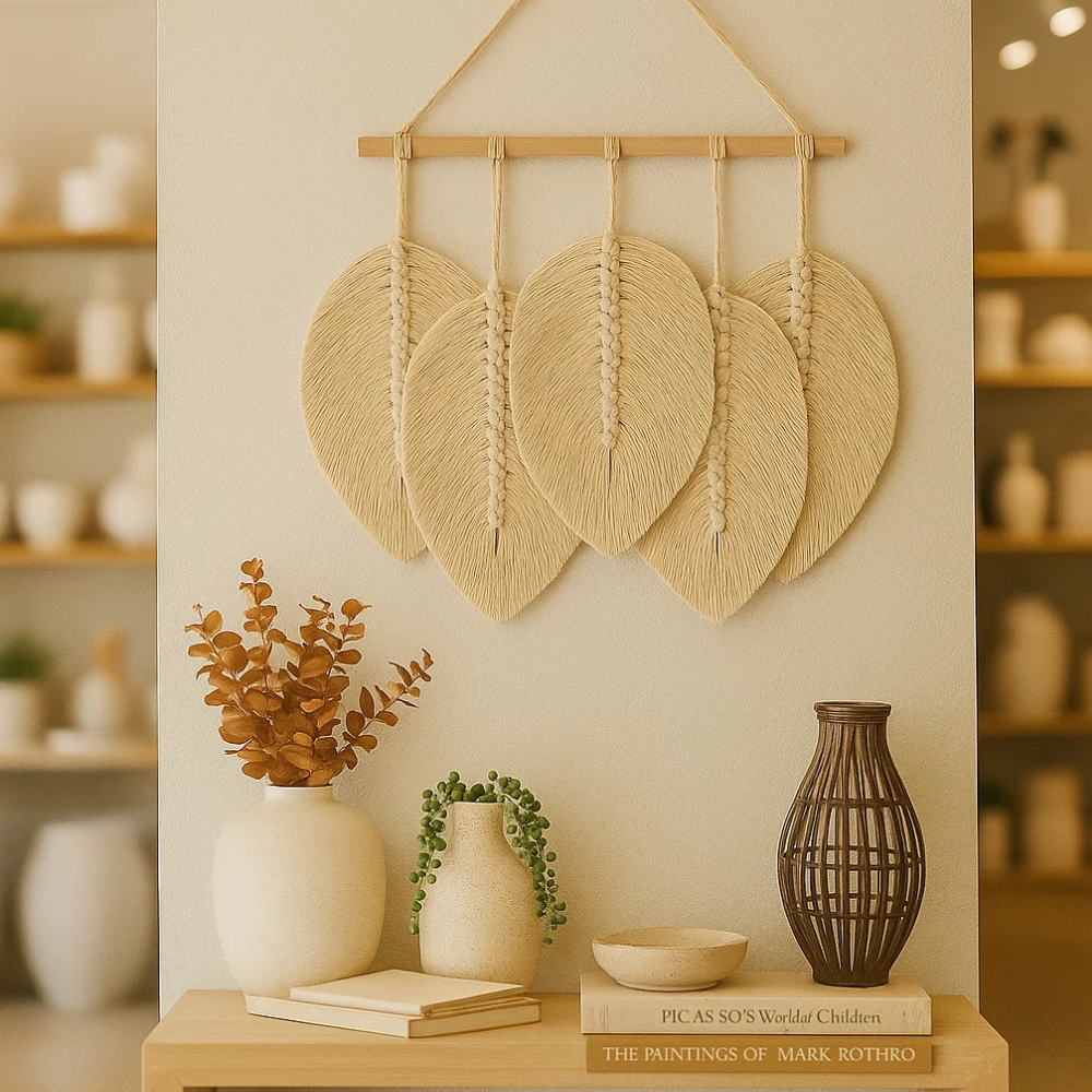 Small macrame leaf wall hanging detail of cotton cord