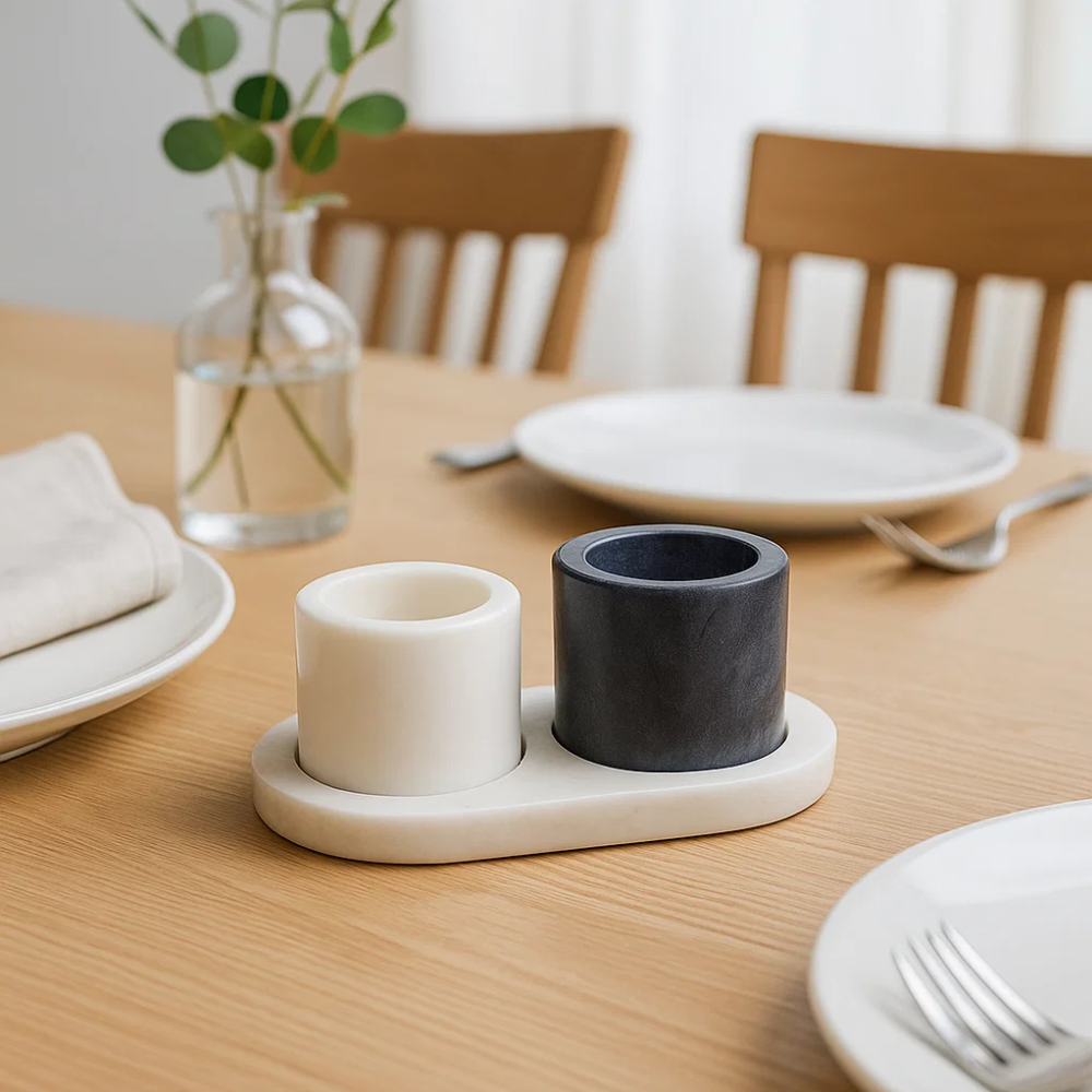 Marble condiment set on dining table