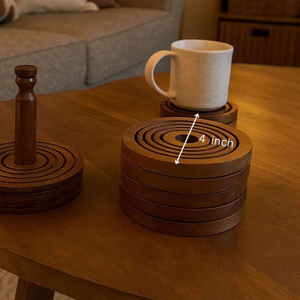 Round wooden coasters styled with a drink