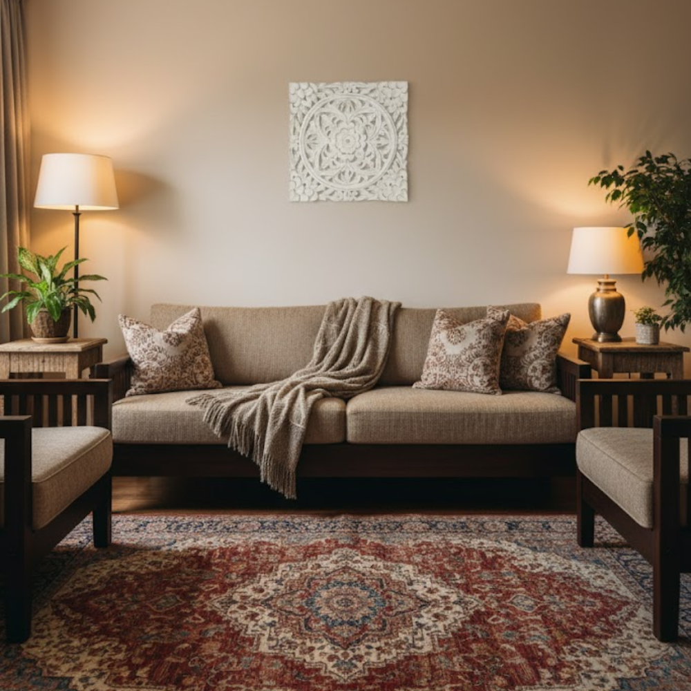 Floral medallion wall plaque above a console