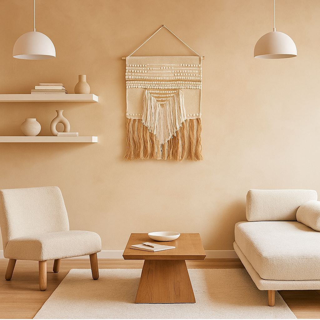Neutral cotton fringe wall hanging shown at an angle for depth