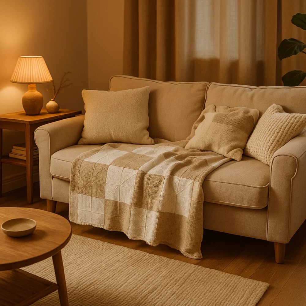 Crochet throw blanket on a sofa