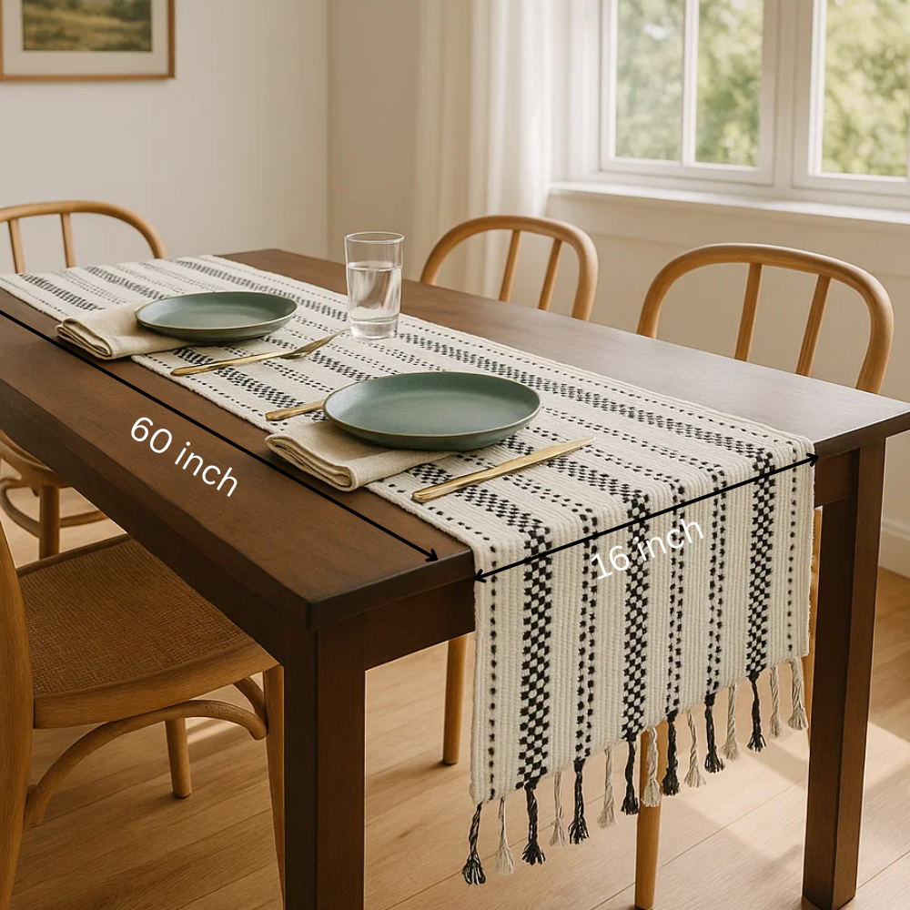 Yarn dyed table runner braided tassel detail