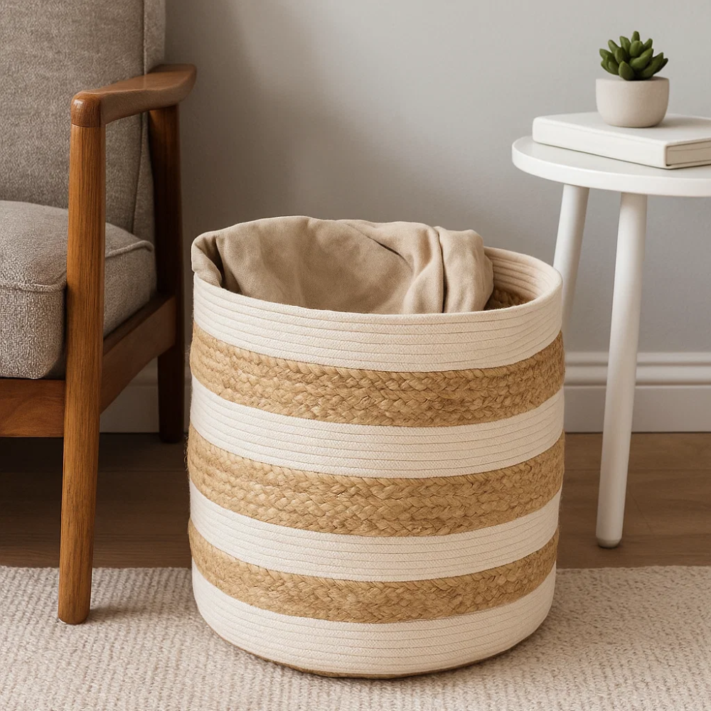 Braided storage basket with items