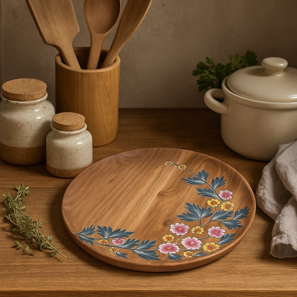 Floral acacia plate top-down view