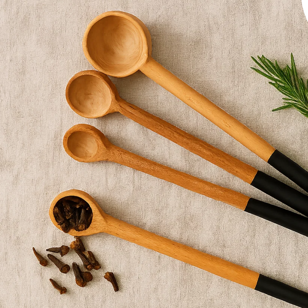 Neem measuring spoons close-up of grain