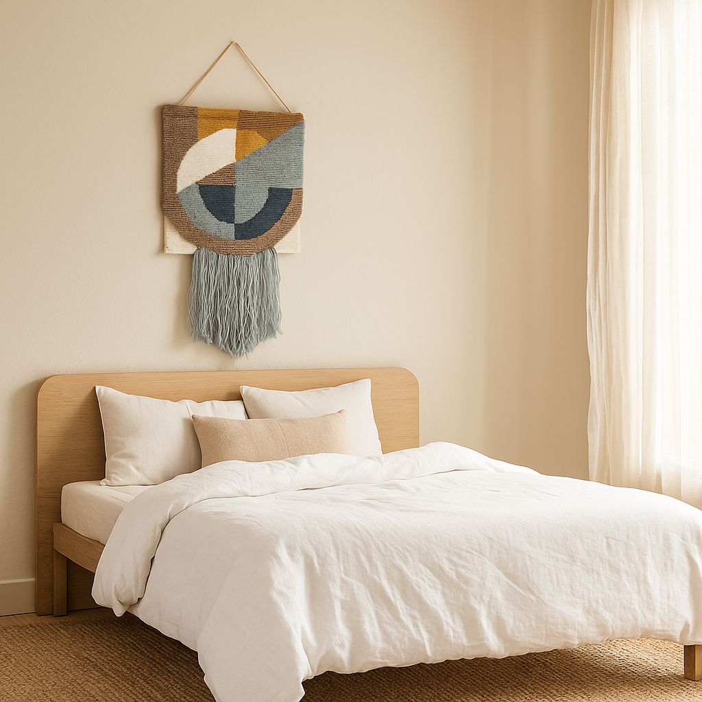 Abstract fringe wool wall hanging styled in a boho room