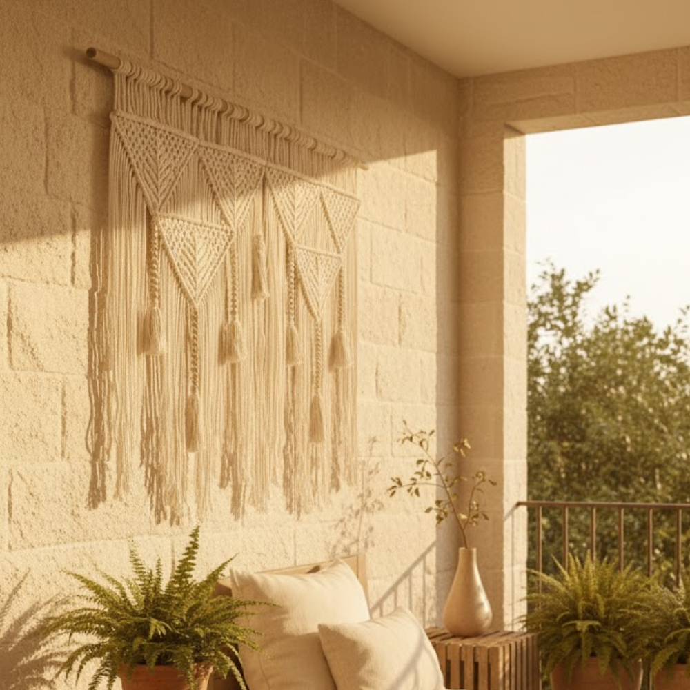 Large macrame leaf wall hanging detail of cotton cord