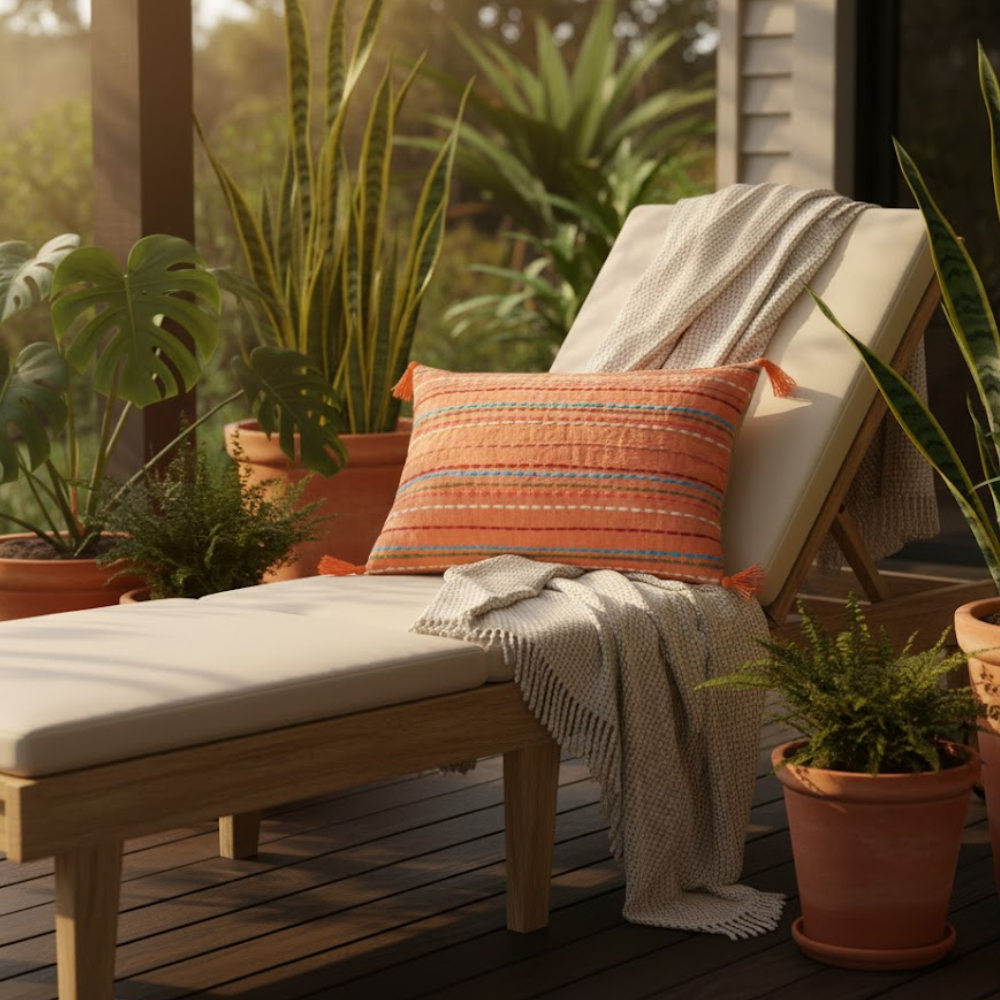 Coral lumbar cushion cover detail of tassels
