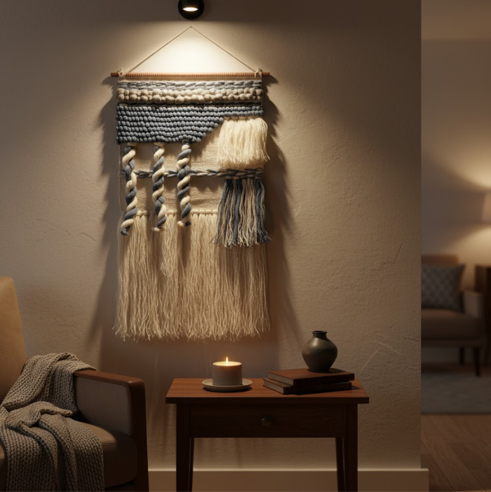 Tufted abstract wool wall hanging shown at an angle